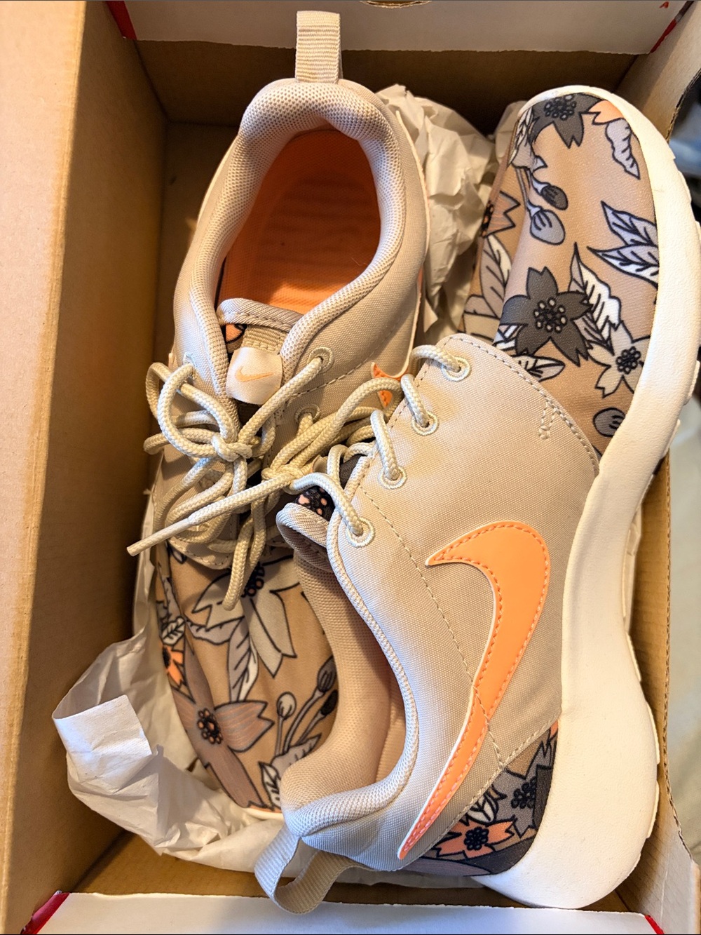 Nike Beige Canvas Sneakers with Peach Swoosh and Floral Print